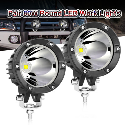 2x 4Inch 80W Round LED Work Lights Bumper Driving Pods Spot Off road ATV SUV FOG