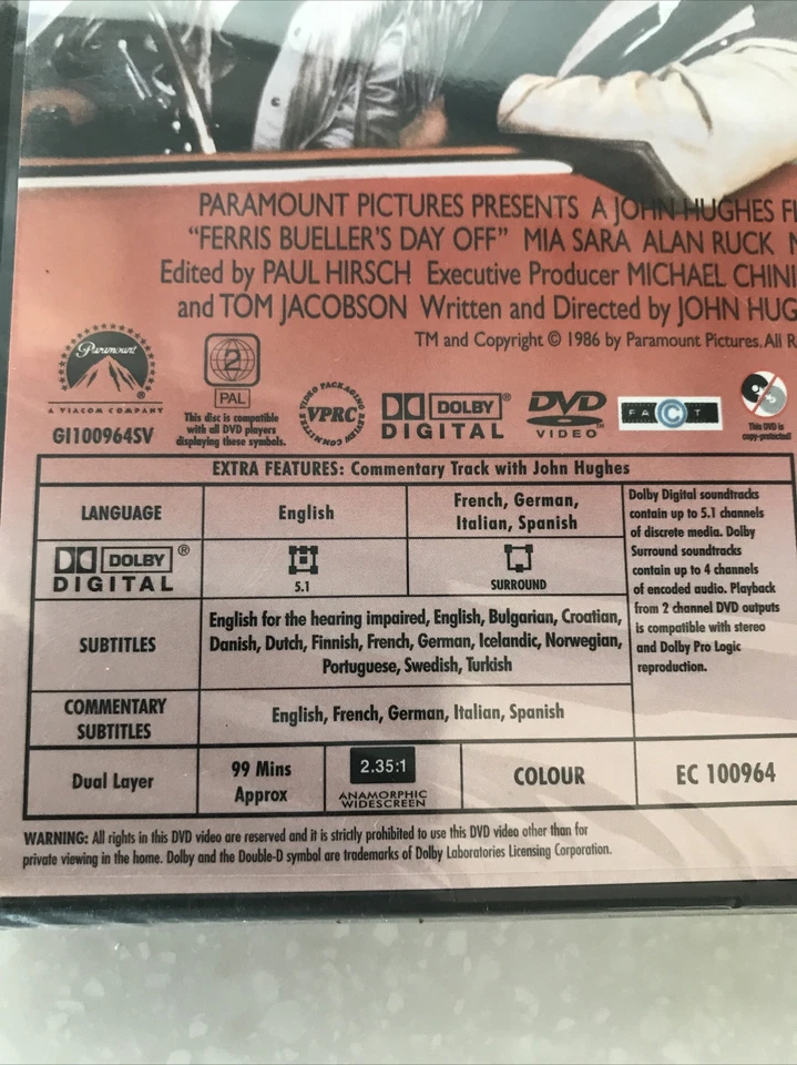 Ferris Bueller's Day Off (DVD, 2000) (English/GermanFrenchSpanishItalian) NEW - Image 3 of 4