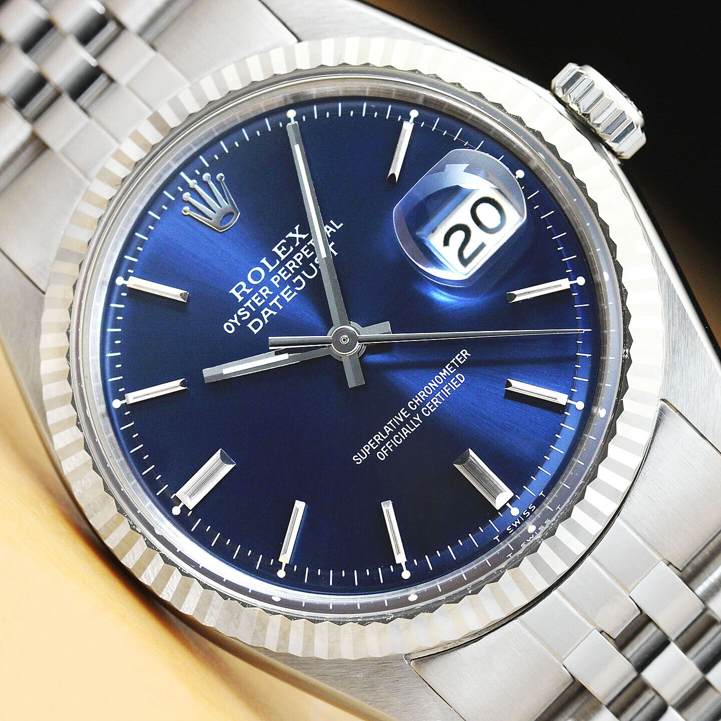 ROLEX MENS DATEJUST BLUE DIAL 18K WHITE GOLD & STAINLESS STEEL WATCH