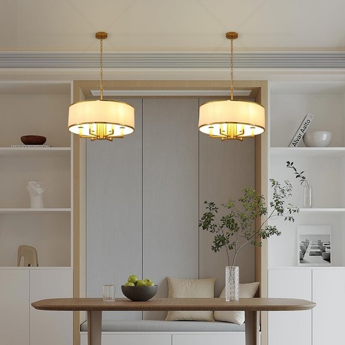 24" 6-Light Drum Chandelier Large Hanging Drum Pendant Light Fixture Gold Brass - Picture 5 of 7
