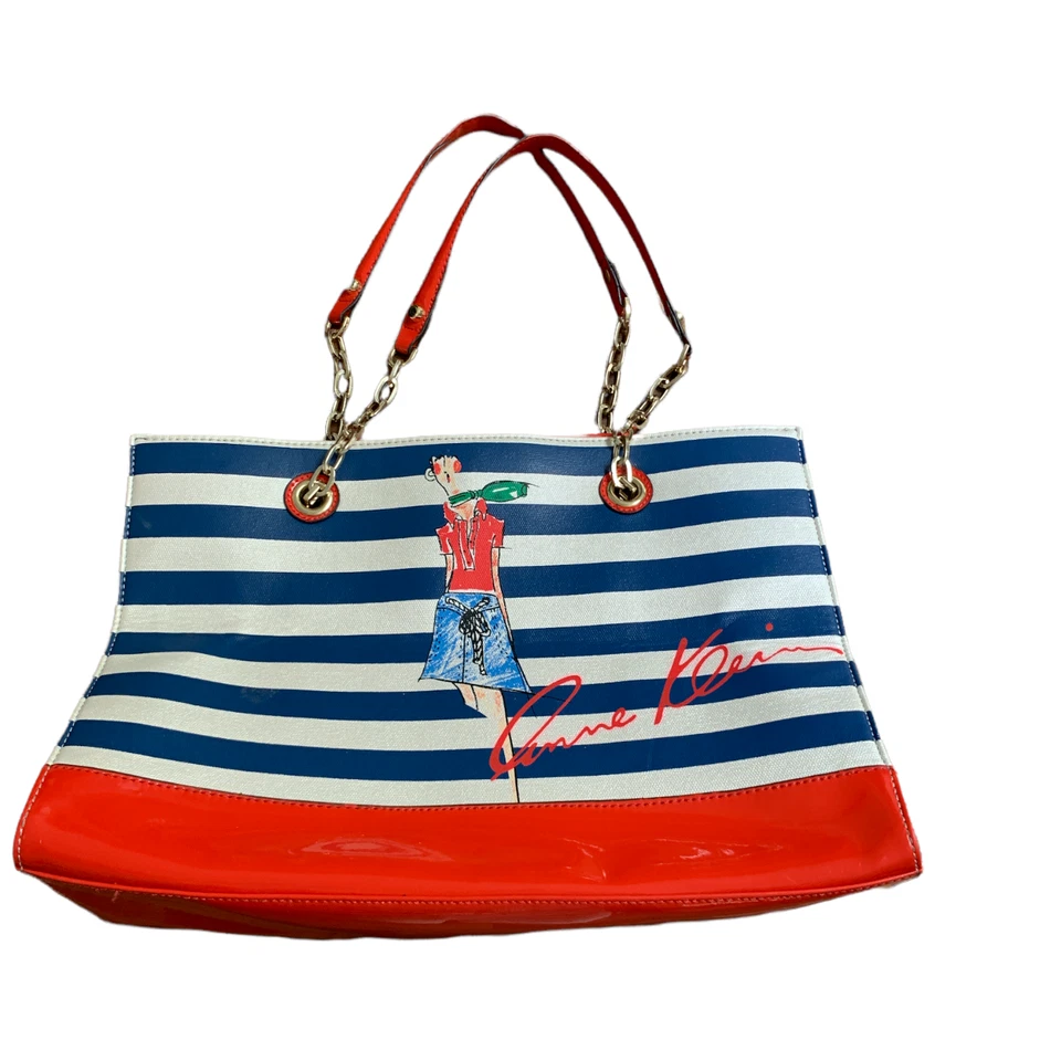 Anne Klein Mix Media Stripe/Denim/Leather Graphic Print Tote Handbag 250G