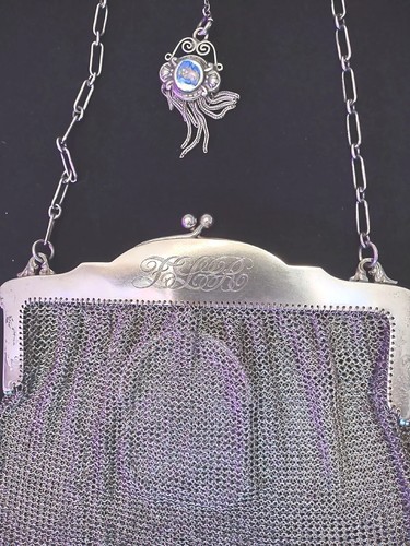 Impresionante Bolso de Malla de Plata Esterlina Victoriana con Cartera de Monedas Dije Esmaltado Azul 194G - Imagen 4 de 24