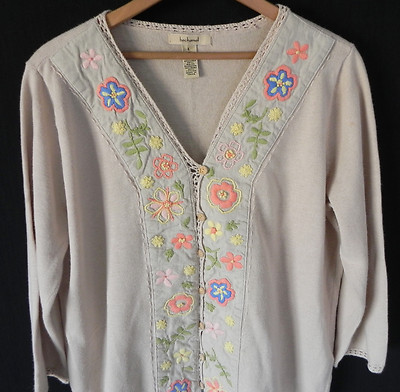 bechamel Sweater V-Neck Button Up 3/4 sleeve Paneled Embroidery Trim Size L