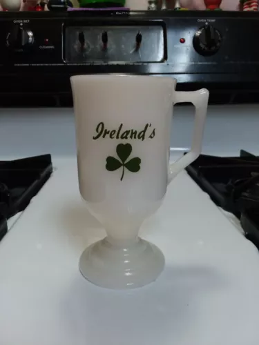Vintage White Milk Glass Ireland’s With Shamrock Pedestal Irish Coffee Mug