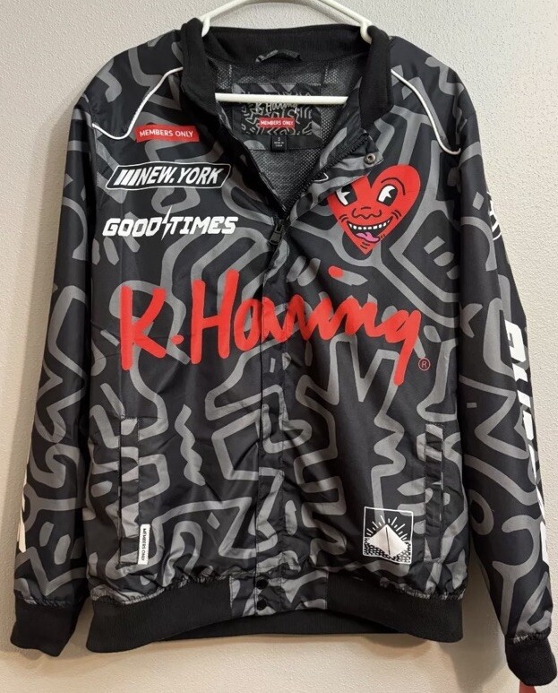 NWT KEITH HARING X MEMBERS ONLY BLACK RACING WINDBREAKER BOMBER