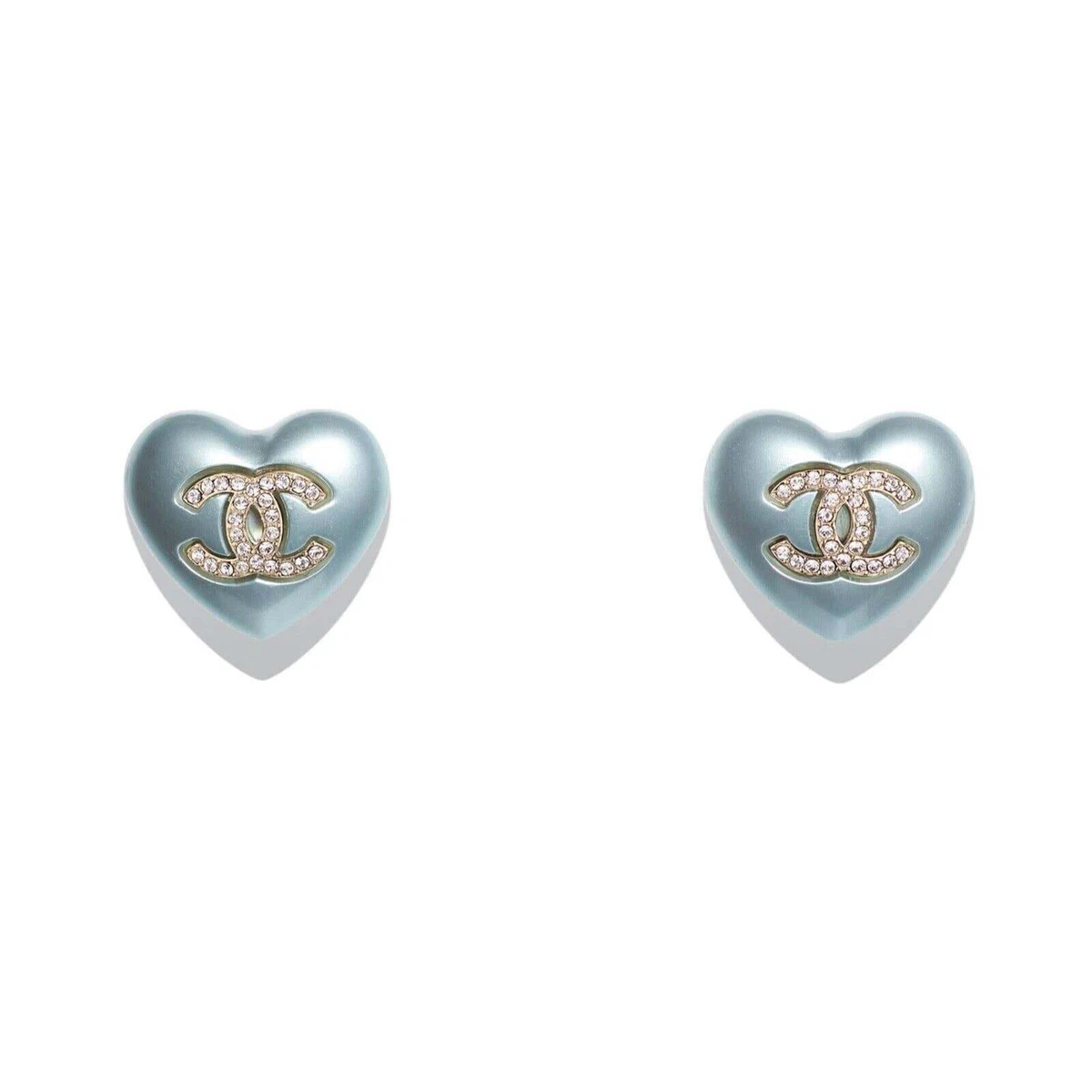 Chanel 21B Heart Shape Pearly Blue Gold Crystal CC Logo Statement Stud  Earrings