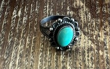 Vintage Sterling Silver Green Turquoise Oval Design Oxidized Native Ring 6 3/4