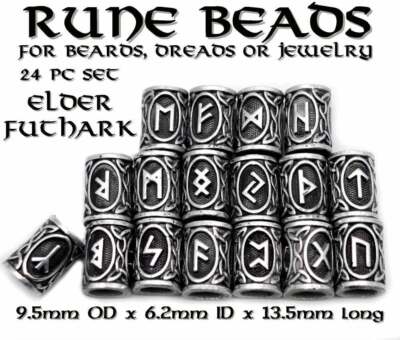 Full Set 24pc Rune Beads, Beard Dread Braid Viking Elder Futhark Big Hole  6mm ID