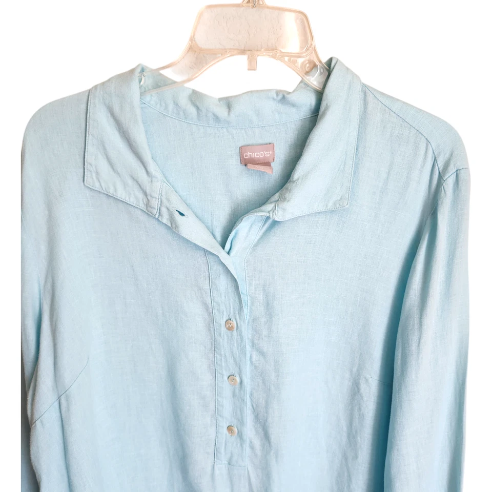 Camisa túnica pulóver manga larga azul claro Chico para mujer 2 L 12/14 de lino Foto 2 de 4