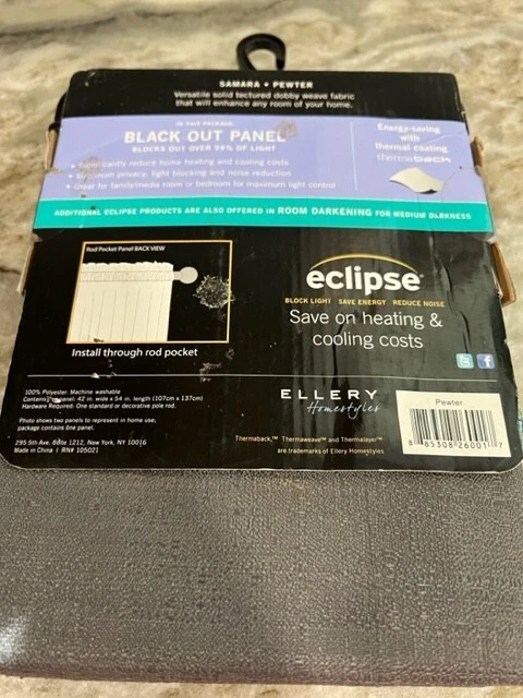 Eclipse Rod Pocket Black Out Panel 42 in W x 45 In L Samara Pewter NEW - Image 3 of 3