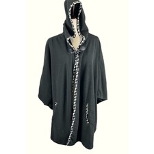 Vintage Le Moda Poncho Cape Black With Houndstooth Trim Hooded One Size