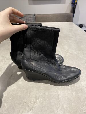 Merrell Wisteria schwarze Leder Vibram Keilabsatz Reißverschluss Stiefel Damen UK 6