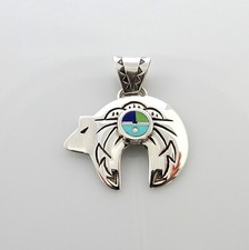 Handcrafted Sterling Silver Multistone Zuni Face Inlay Bear Pendant