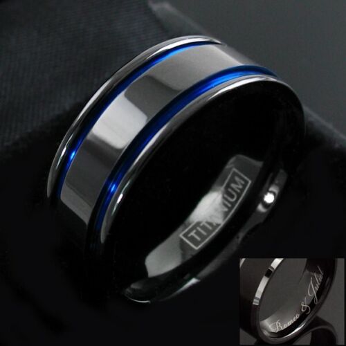 Engraved Gunmetal Titanium Men's Double Blue Stripe Wedding Band Ring - Picture 1 of 4