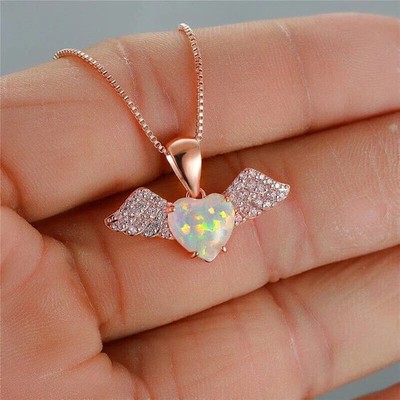 1.50Ct Lab Created Hear Opal Angel Wing Pendant 14K Rose Gold Plated Free Chain