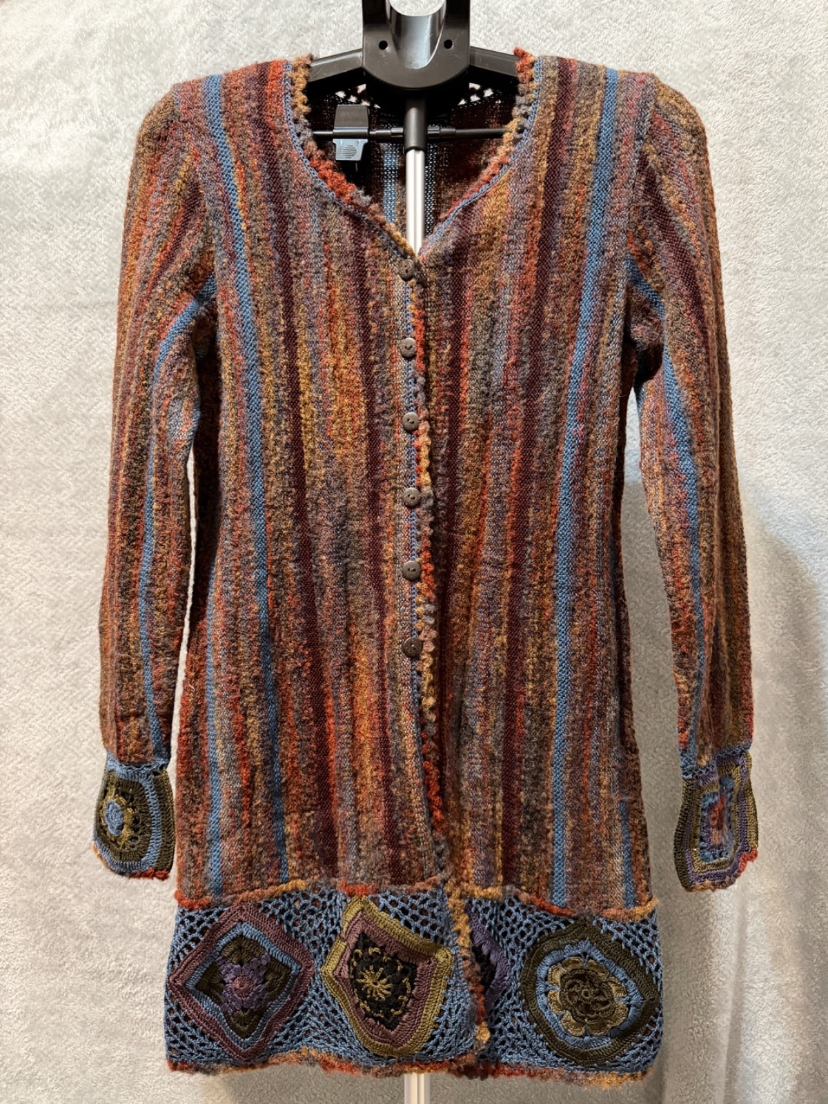 Peruvian Connection Stripe Button Long Crochet Sw… - image 1