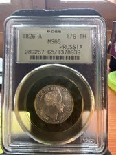 1826-A Prussia 1/6 Thaler PCGS MS65 – Gem Uncirculated – Rare Berlin Mint Silver