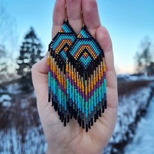 Tribal Earrings Native Large Boho American Seed Beads Handmade Earring