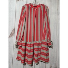 LOFT Striped Red Gray Long Sleeve Ruffle Neck Tiered Dress Size M