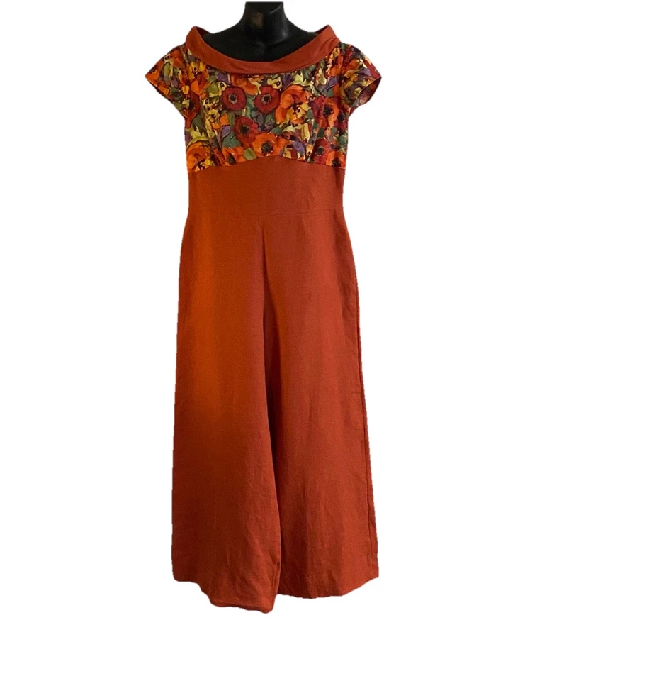Mujeres Grande Vintage Naranja/Floral Mixto Mediano Mono Pierna Ancha BohoChic Hecho a Mano Foto 3 de 4