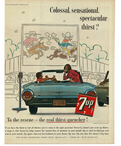 1963 7-Up Soda Vintage Print Ad Drive-In Movie Theater Ford T-Bird Convertible