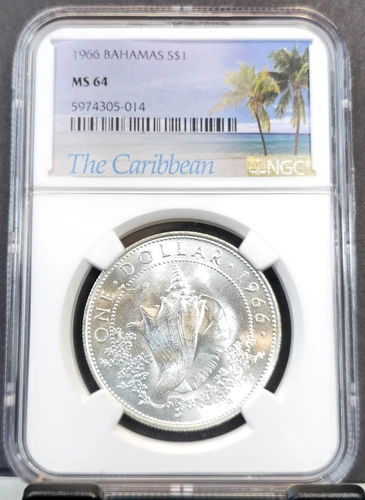 1966 BAHAMAS SILVER 1 DOLLAR CONCH SEASHELL NGC MS 64 FIRST YEAR SCARCE BEAUTY