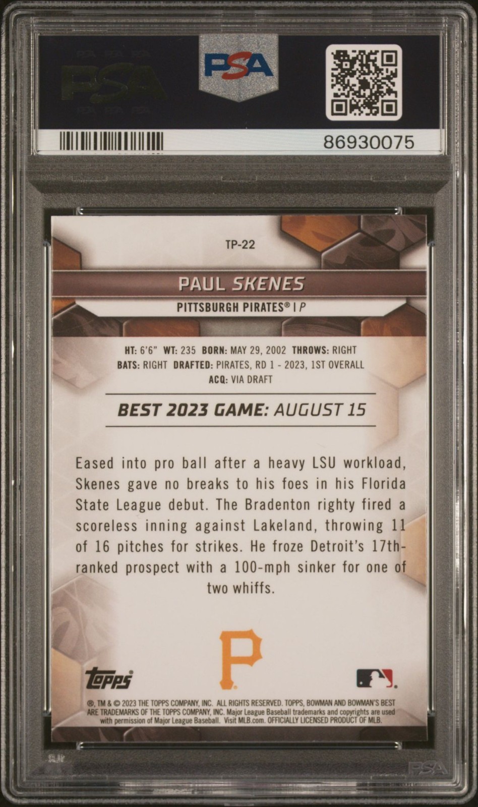 2023 BOWMAN'S BEST TOP PROSPECTS #TP-22 PAUL SKENES PSA 10 view 2