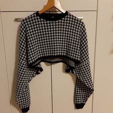 Strickpulli kurz Hahnentrittmuster bauchfrei trendy Neu  Pullover S-M 36-38