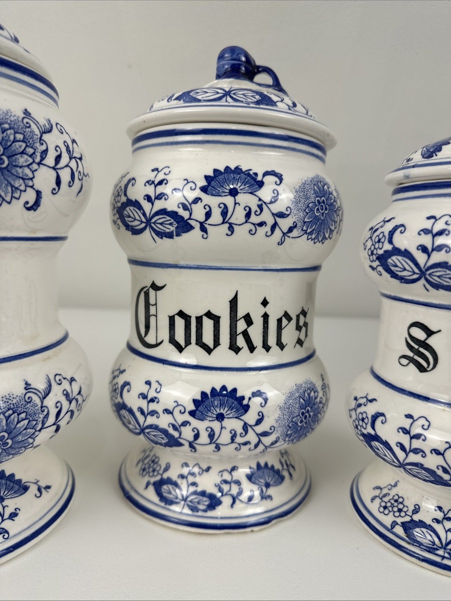 ホーローキャニスター セットBREAD FLOUR COOKIEアンティーク水色 Vintage Arnart Blue Onion Canister Set Sugar Flour Cookie Japan