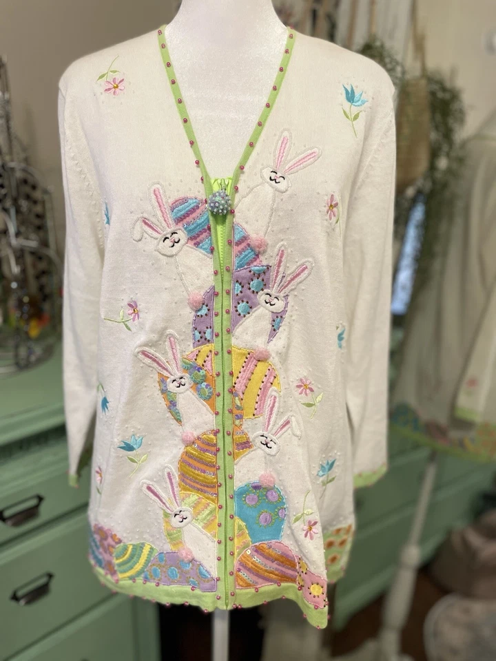 Suéter De Colección Jack B Bordado Rápido Lentejuelas Cuentas Cremallera Conejitos de Pascua Huevos M Foto 3 de 4