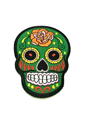 Green Sugar Skull Patch Scary Smile Logo Voodoo Aztec Embroidered Badge 3.5 Inch