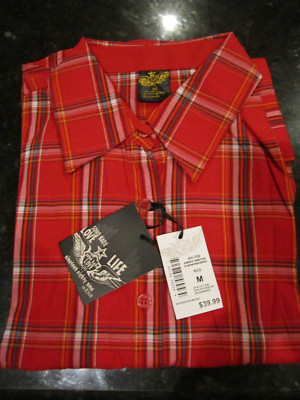 NWT WOMEN'S JUNIOR SOHO RED CAMEL PLAID LONG SLEEVE SHIRT SIZE MEDIUM #82930