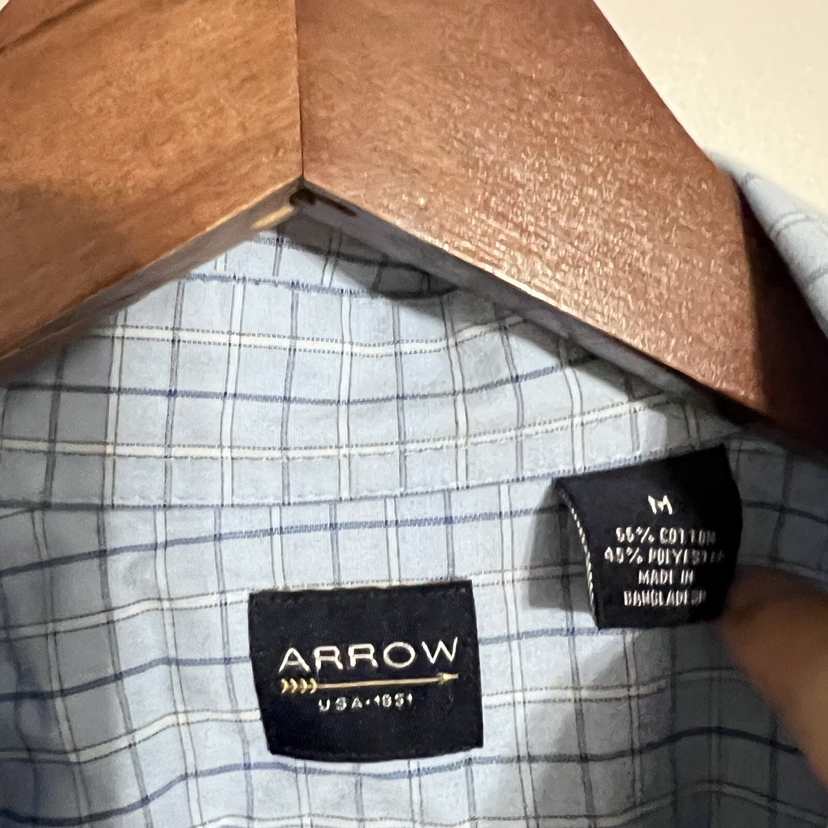 ②70s USA Arrow open collar shirt check M Arrow Mens Shirt Size M Blue Checkered Long Sleeve Button Up