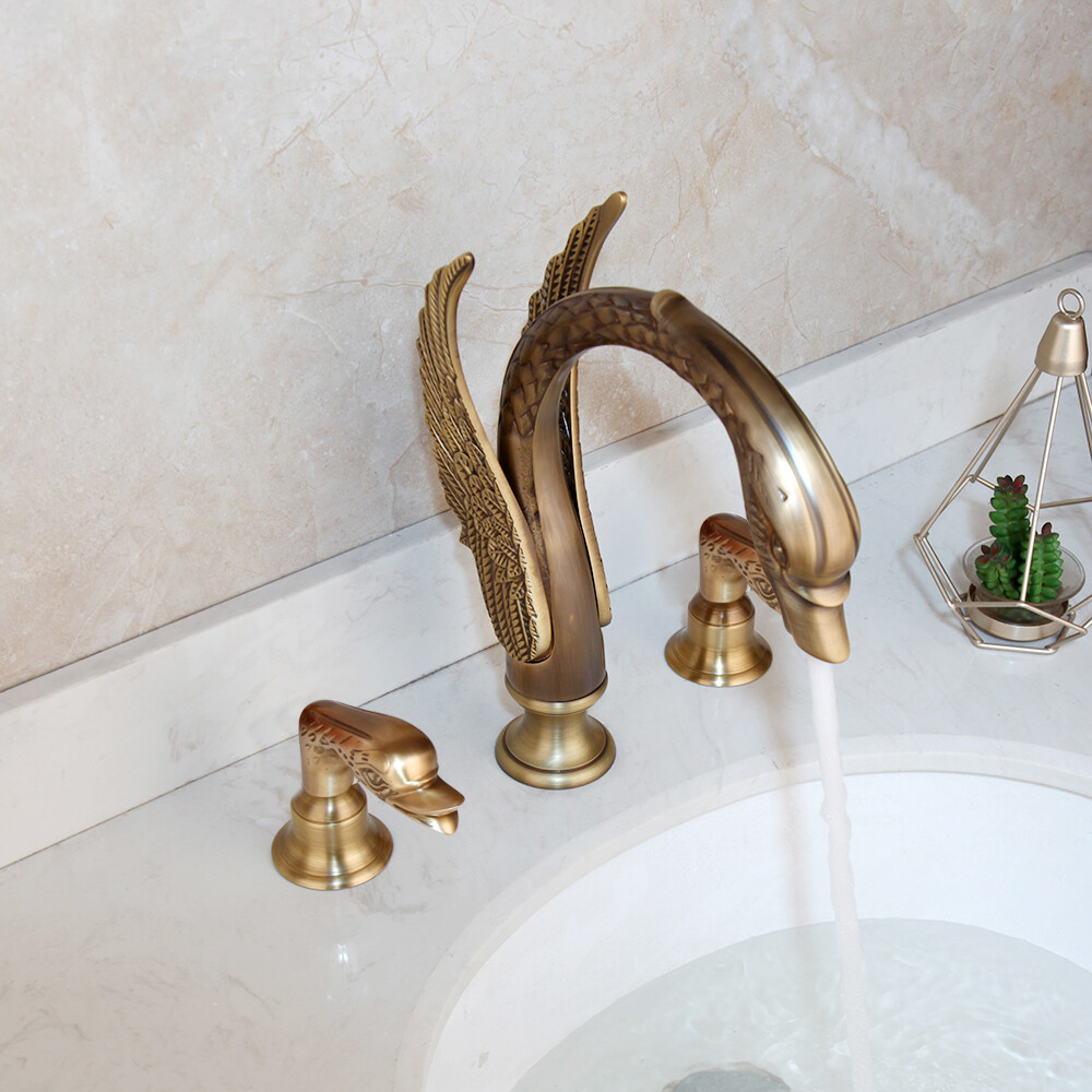 3PCS Antique Brass Swan Bathroom Sink Faucet Dual Handles Mixer