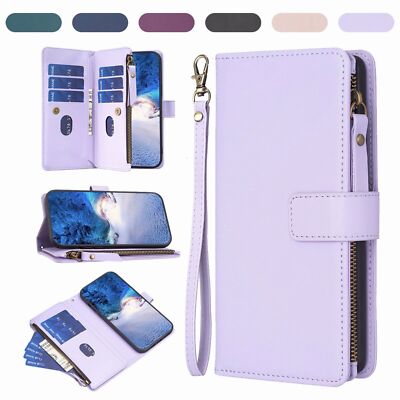 For iPhone 15 14 13 12 11 Zipper Leather Wallet Kickstand Card Phone Case Cover