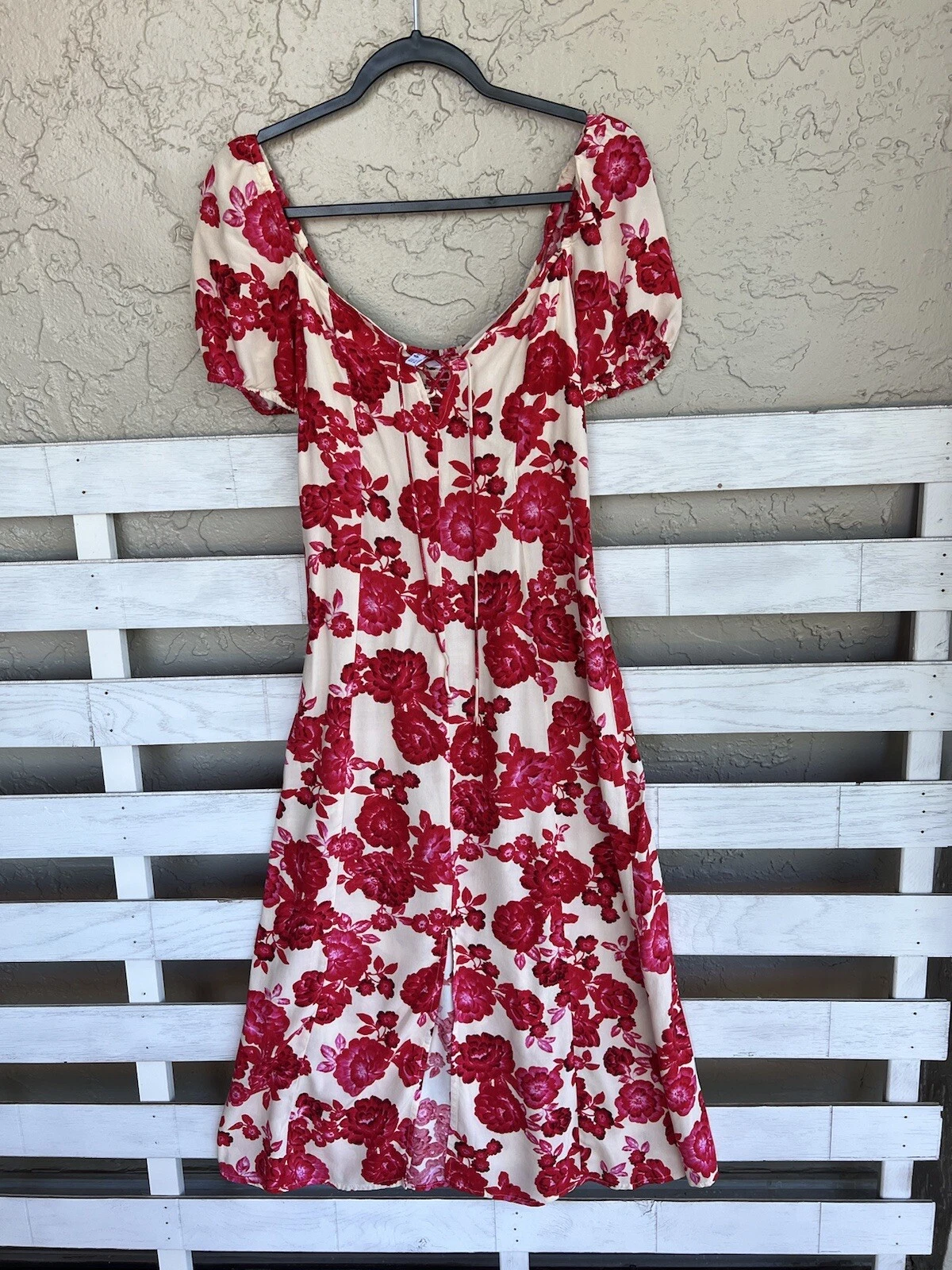 OFF WHITE Abito donna Stradivarius piccolo midi bianco sporco rosa rose spacco davanti