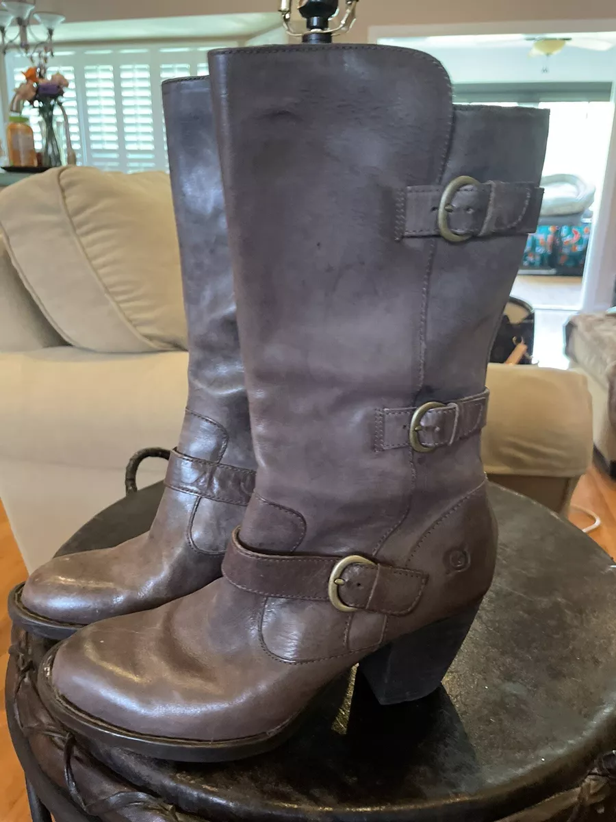 BORN Maleri Distressed Brown Leather Mid Calf Boots Women s Size