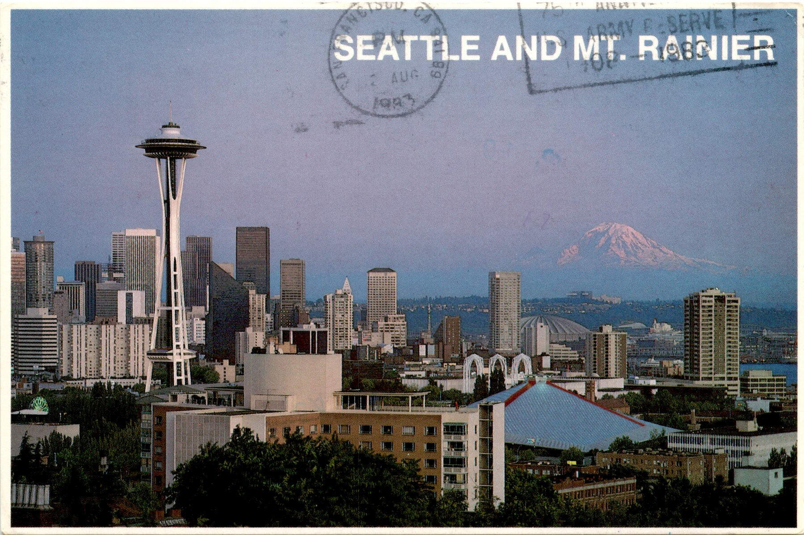 Seattle Postcard Featuring Mt Rainier Space Needle and Pacific Science Center