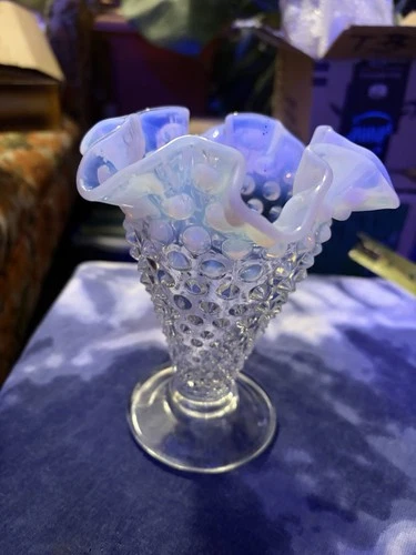 Vintage Fenton Moonstone Hobnail White Opalescent Trumpet Vase Ruffled Edge 6”