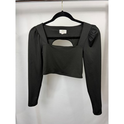 Live In The Moment Black Long Sleeve Crop Top Cutout Open Back Square Neck Small