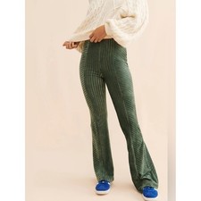 Free People Slim Pull-On Velvet Flare Trousers Ribbed Forest Green Pants Size M