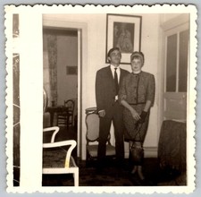 Vtg B&W Snapshot Fashionable Young Couple Suit Tweed Dress Interior Portrait