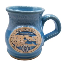 Grey Fox Pottery Handmade Coffee Mug AKC Fast Cat Blue Handle Flat Bottom Potter