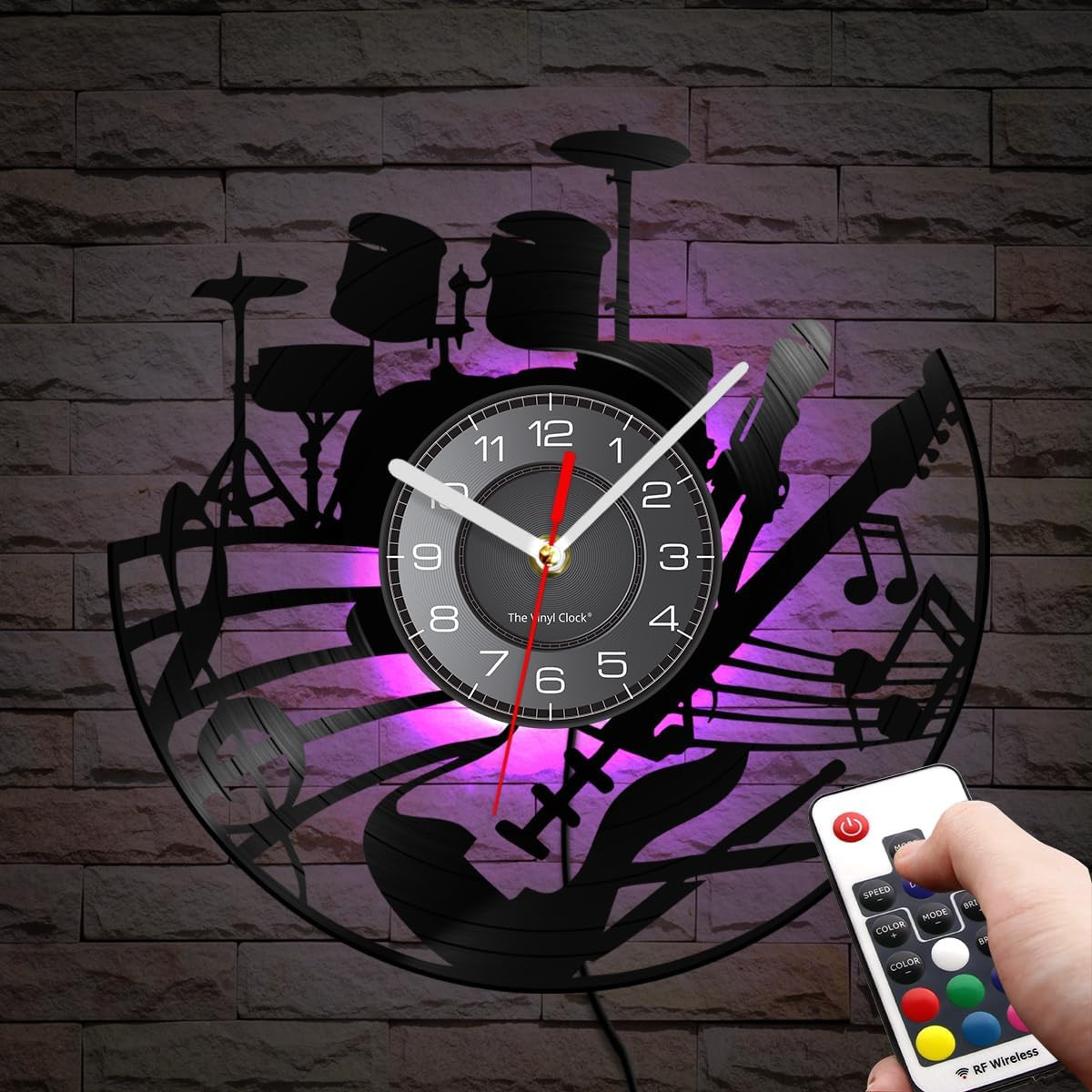 12 Inch Guitar and Drum Kit LED Vinyl Record Wall Clock with 7 Colors Changing N