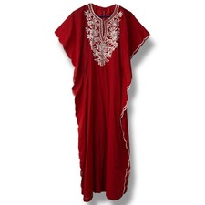 Vintage 1980s Cotton Basic Embroidered Caftan Maxi Dress Medium