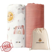 Papaya Kids Muslin Swaddle 2pk Pink Clouds Bamboo Cotton 47x43