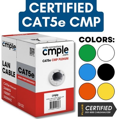 Cat5e Ethernet Cable 1000ft CMP Plenum Solid 24AWG UTP High Speed In-Wall Bulk