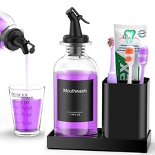 Bathroom Glass Mouthwash Dispenser with Cup,Black Toothbrush Holder Set Stain...