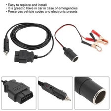 OBD II Vehicle ECU Emergency 12V Power Supply Cable Memory Saver with Clip