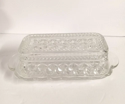 Vintage Anchor Hocking Wexford Glass Covered 8" Butter Dish Diamond Design